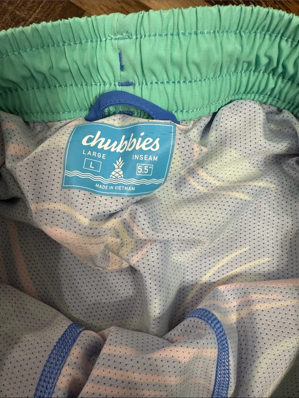 chubbies Blue Swim Trunks with Pink and Aqua Stripe